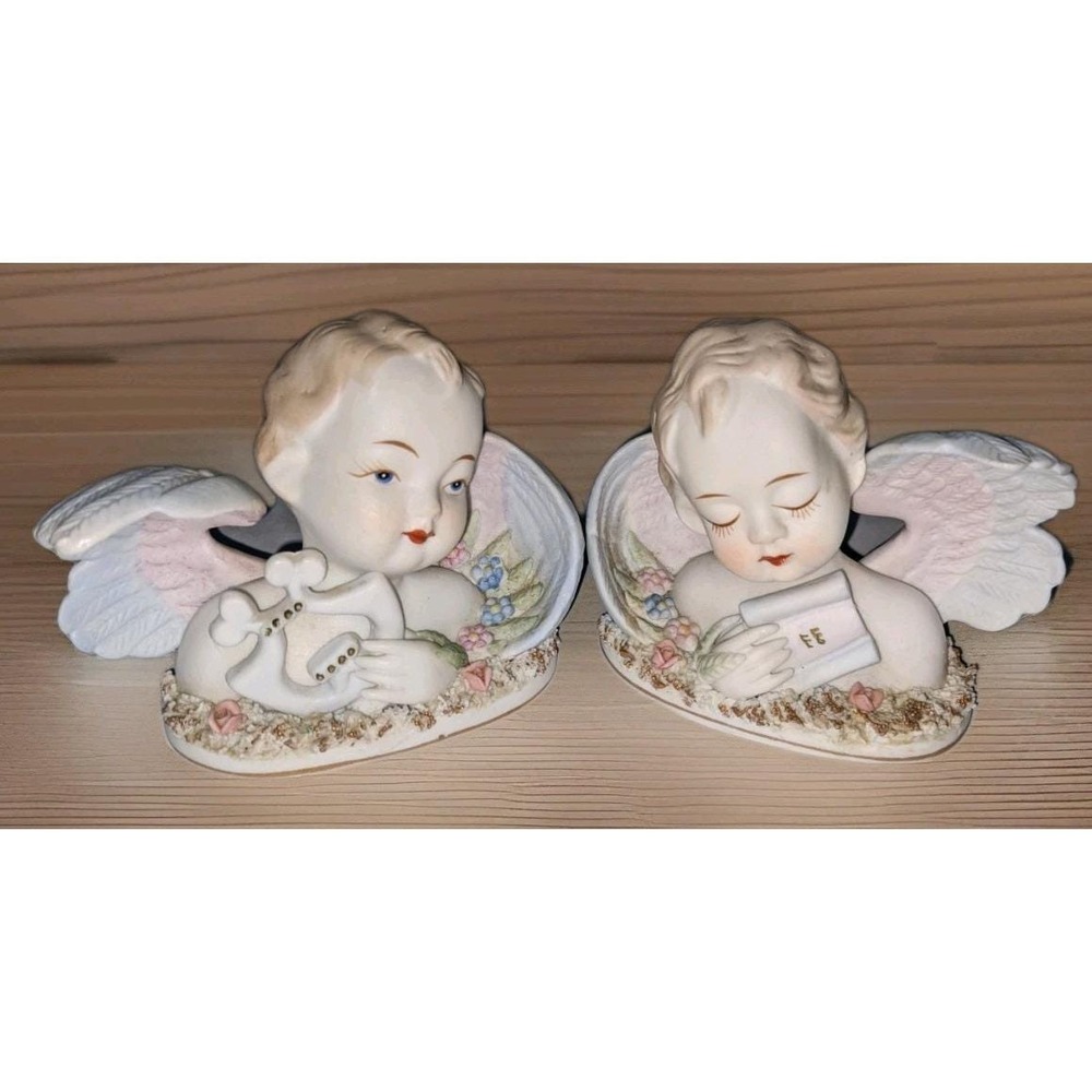 Vtg Lefton‎ Cherub Angel Figurines Pair #432 Blue Eyes Lyre Pastel Angels